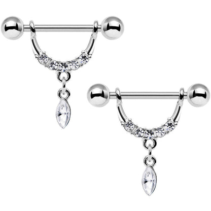 14G 3/4 Clear Gem Steel Drip Drop Dangle Nipple Ring Set