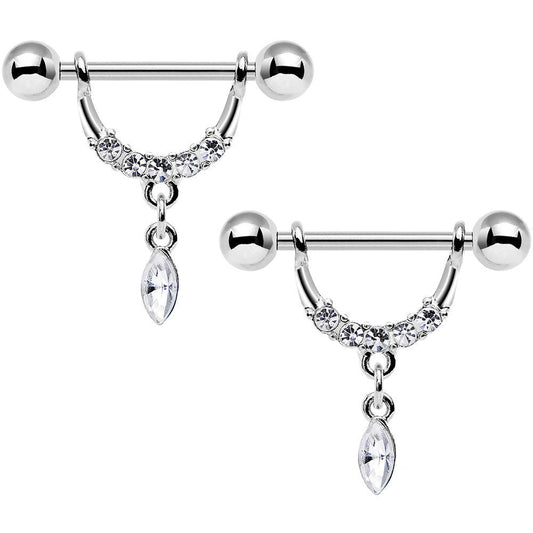 14G 3/4 Clear Gem Steel Drip Drop Dangle Nipple Ring Set