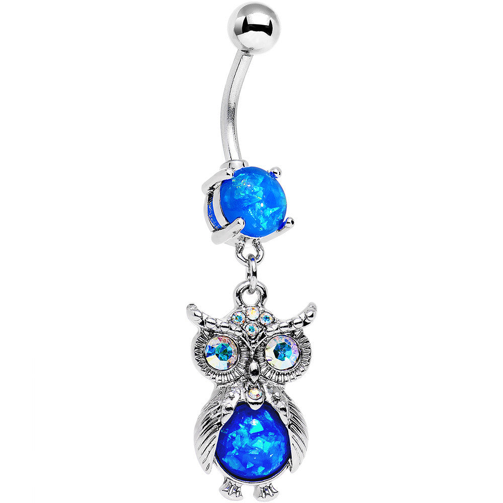 Blue Faux Opal Clear Gem No Ordinary Owl Dangle Belly Ring