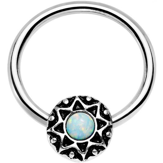 14G 9/16 White Faux Opal Steel Ornate Star Symbol Captive Ring