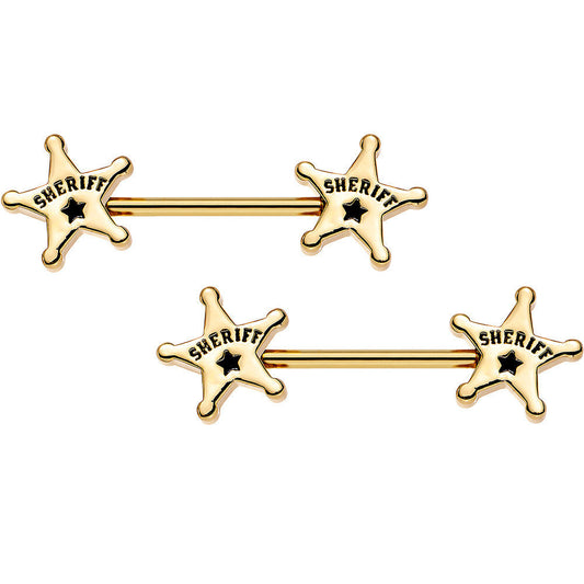 14G 5/8 Gold Plated Steel Sheriffs Badge Nipple Barbell Set