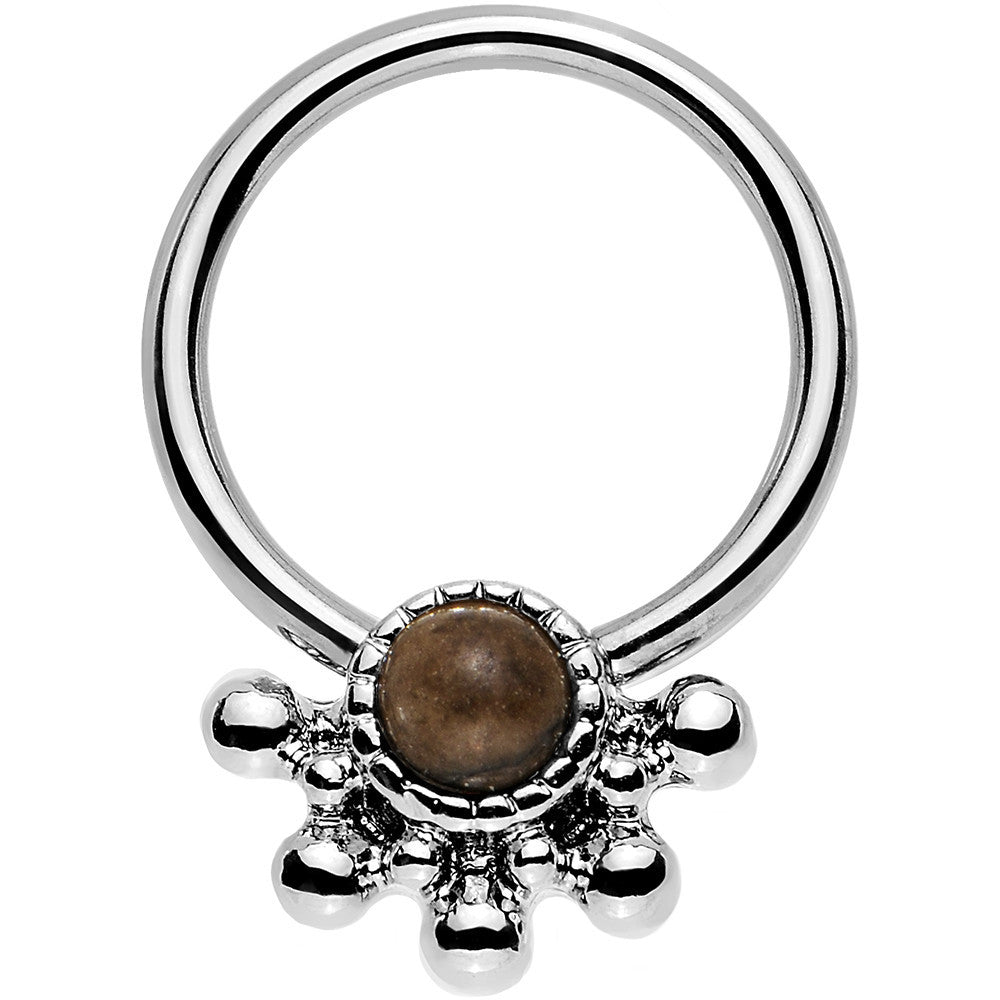 14G 3/8 Brown Faux Tiger Eye Steel Signet Captive Ring