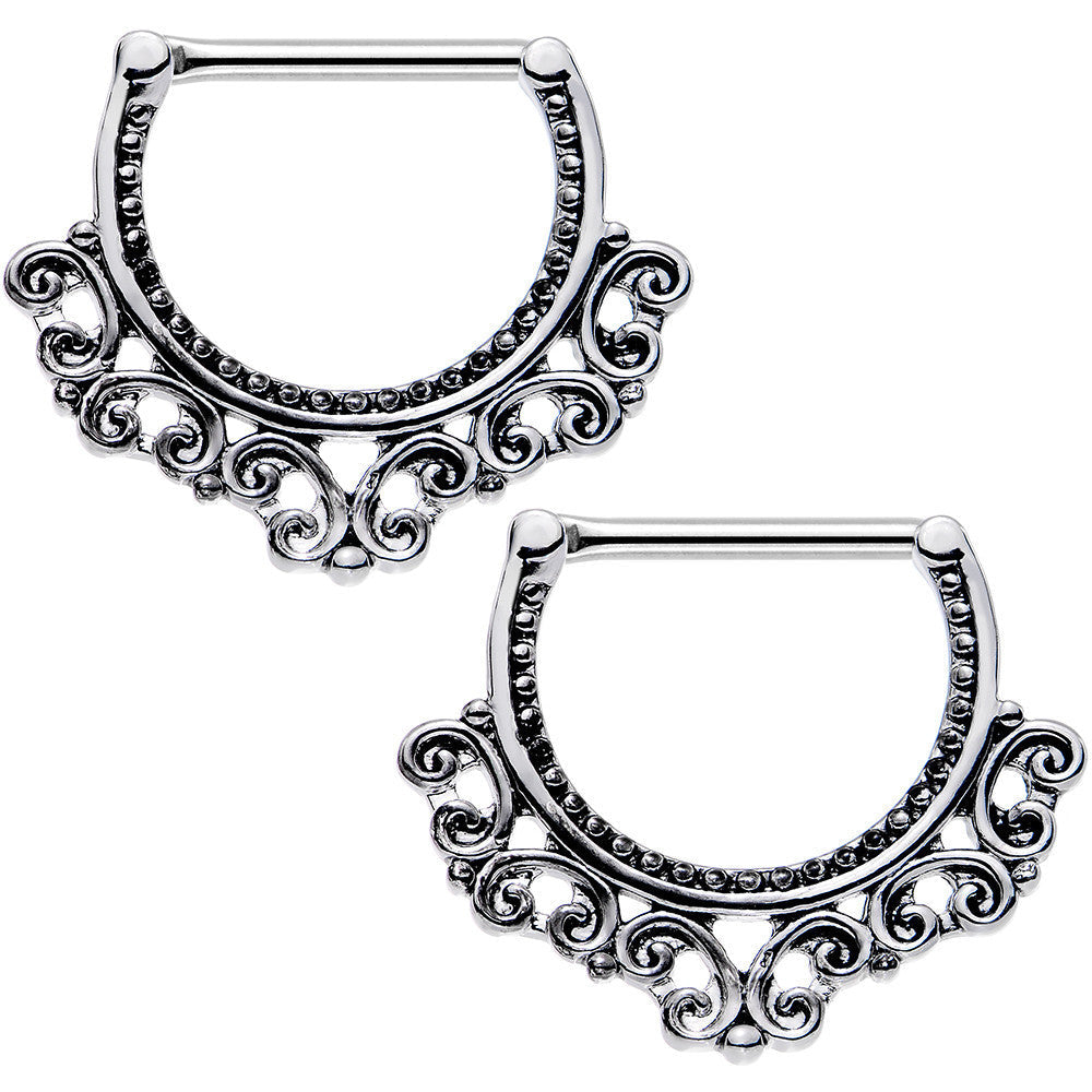 14G 1/2 Steel Tribal Heart Filigree Nipple Clicker Set