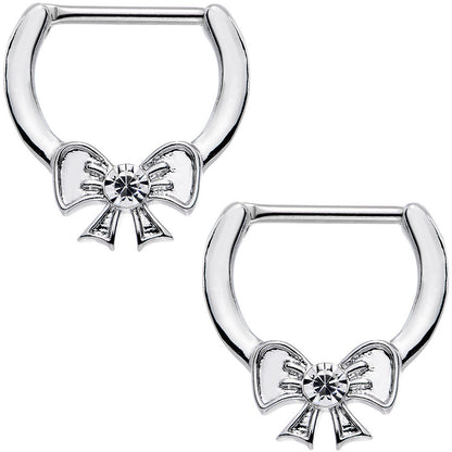 14G 1/2 Clear Gem Stainless Steel Ribbon Bow Nipple Clicker Set