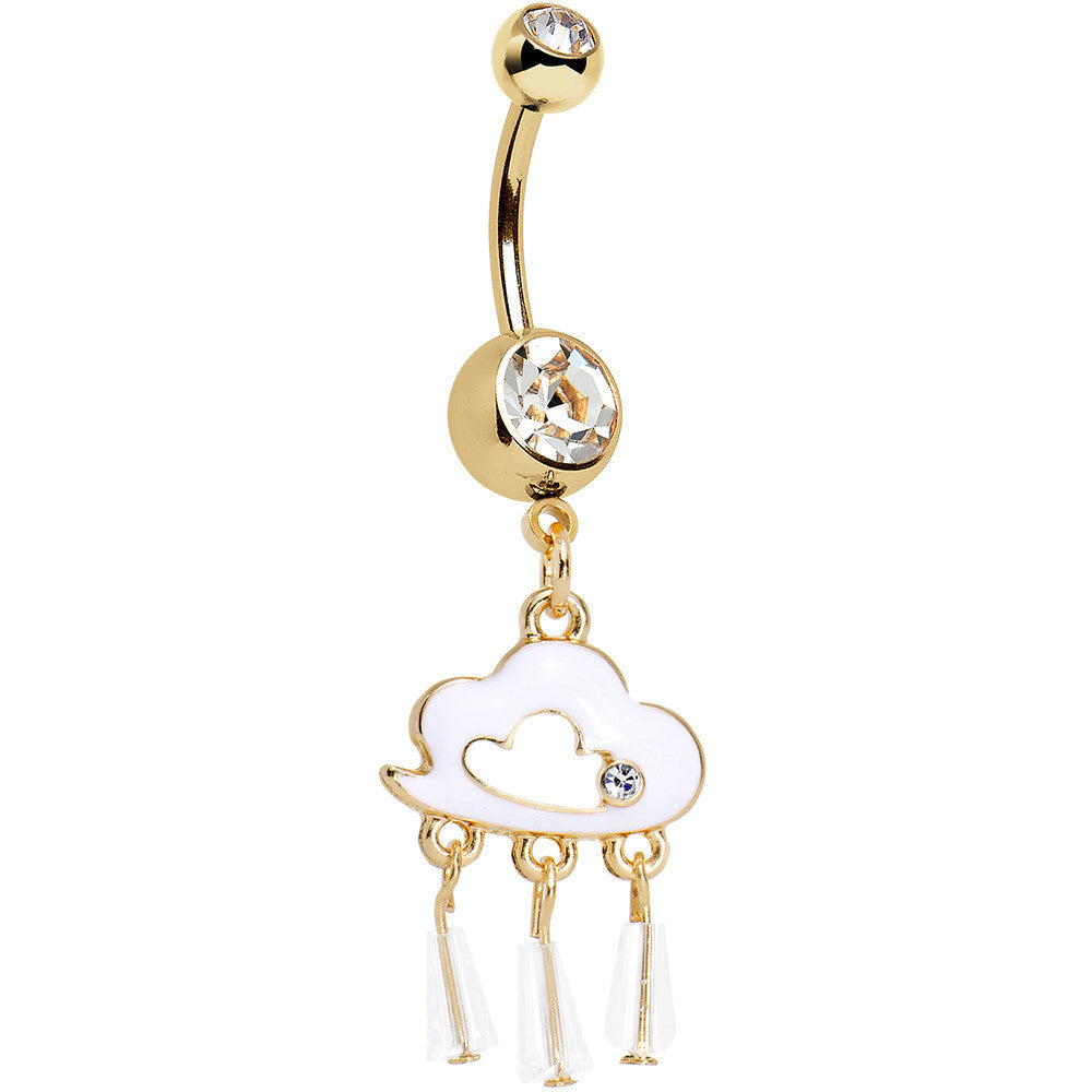 Clear Gem Gold Anodized Drops of White Rain Cloud Dangle Belly Ring