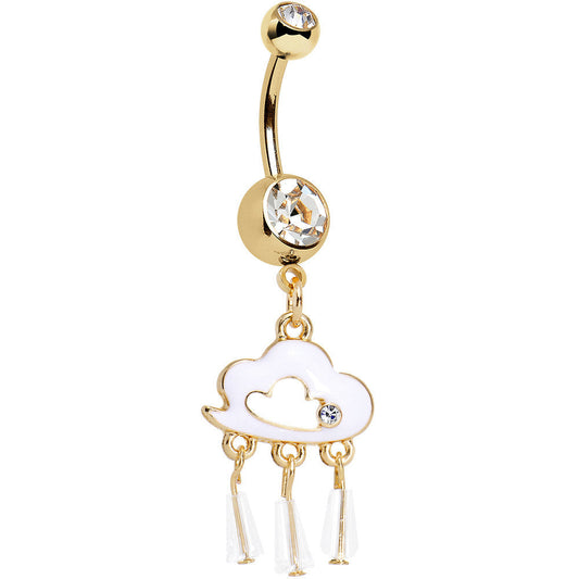 Clear Gem Gold Anodized Drops of White Rain Cloud Dangle Belly Ring