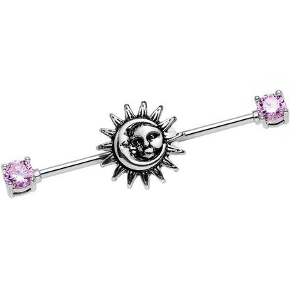 14G Pink CZ Steel Celestial Sun and Moon Industrial Barbell 38mm