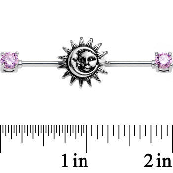 14G Pink CZ Steel Celestial Sun and Moon Industrial Barbell 38mm