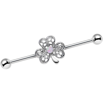 14G White Faux Opal Fancy Shamrock Industrial Barbell 38mm