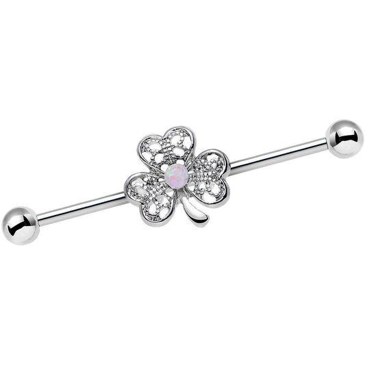 14G White Faux Opal Fancy Shamrock Industrial Barbell 38mm