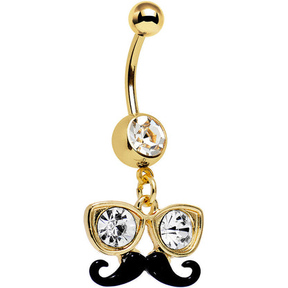 Clear Gem Gold PVD Disguise Mr. Mustache Dangle Belly Ring