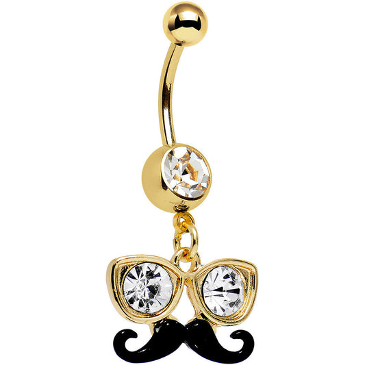 Clear Gem Gold PVD Disguise Mr. Mustache Dangle Belly Ring