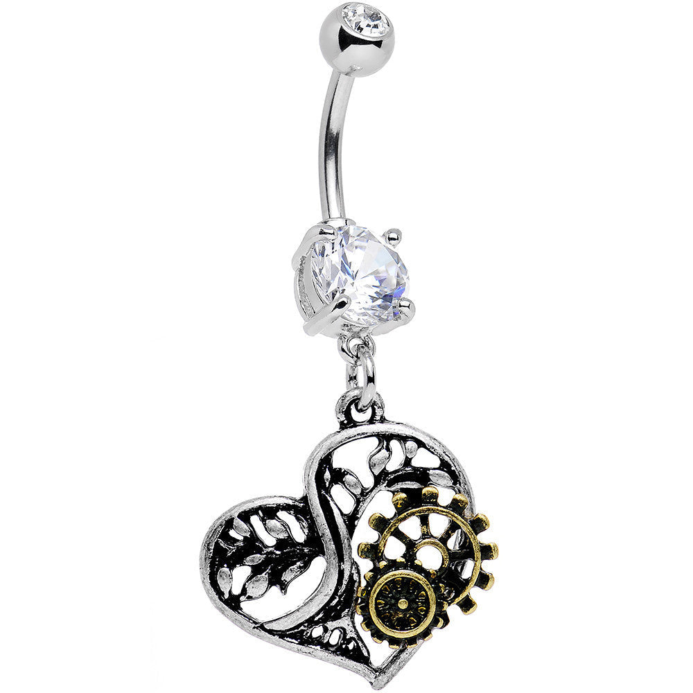 Clear Gem Steampunk Mechanical Heart Dangle Belly Ring