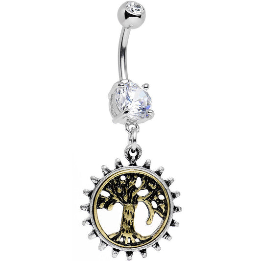 Clear Gem Steampunk Mechanical Tree of Life Dangle Belly Ring