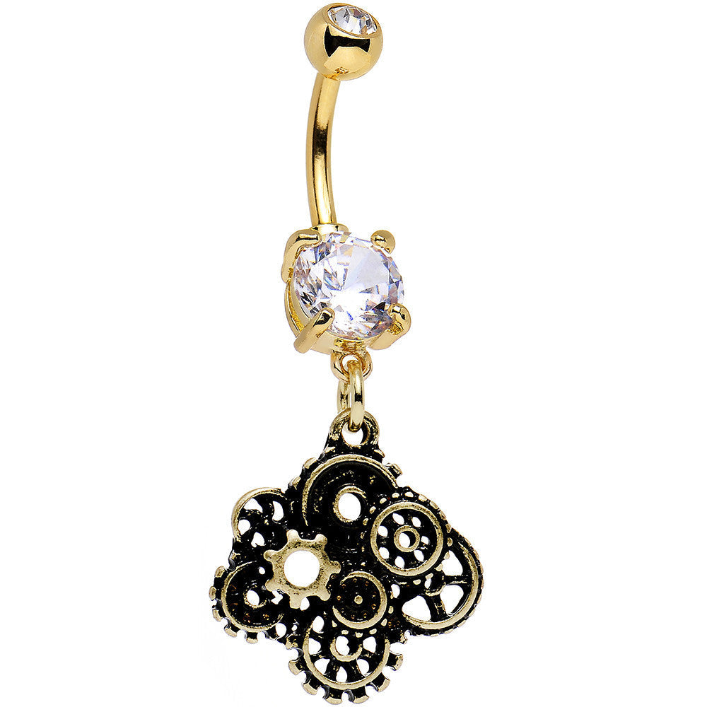 Clear Gem Gold PVD Steampunk Jumble Gears Dangle Belly Ring