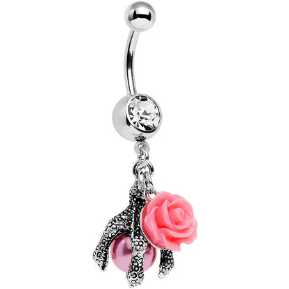 Clear Gem Pink Orb Dalliance in Rose Flower Dangle Belly Ring
