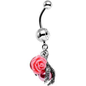 Clear Gem Pink Orb Dalliance in Rose Flower Dangle Belly Ring