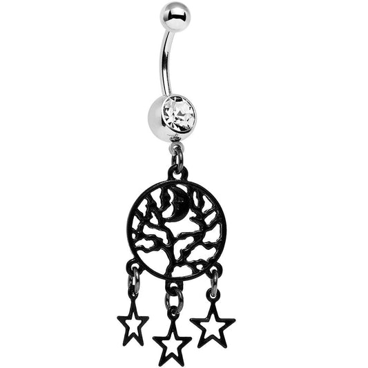 Clear Gem Nighttime Treetop Moon and Stars Dangle Belly Ring