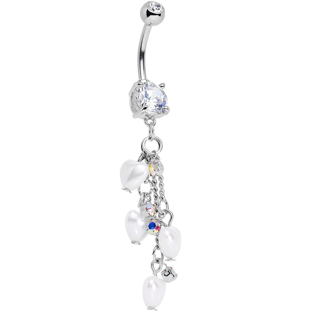 Clear Gem White Orb Hearts Dangle Belly Ring