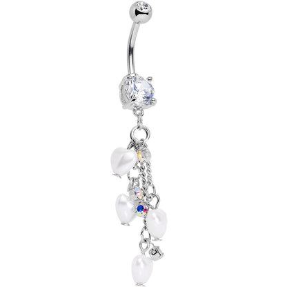 Clear Gem White Orb Hearts Dangle Belly Ring