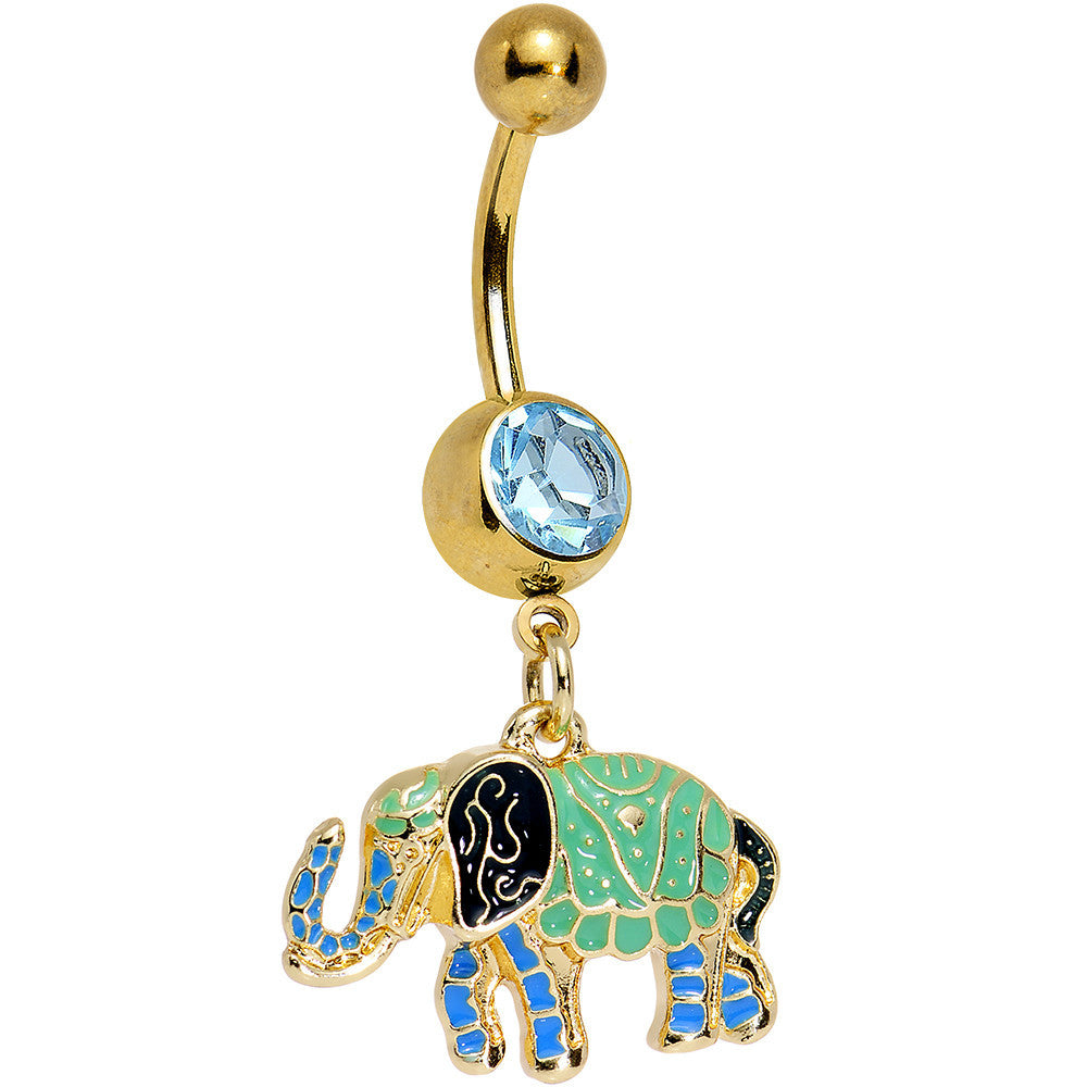 Aqua Gem Gold Blue Green Hip to the Scene Elephant Dangle Belly Ring