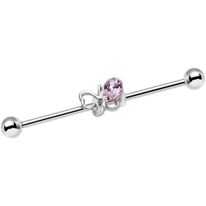14G Pink Gem Frolicking Butterfly Industrial Barbell 38mm