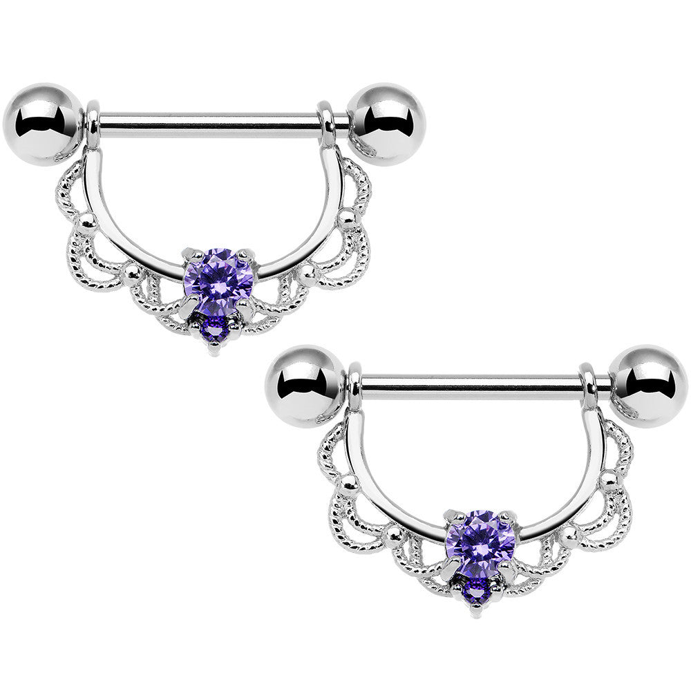 14G 5/8 Purple CZ Gem Steel Scalloped Dangle Nipple Ring Set