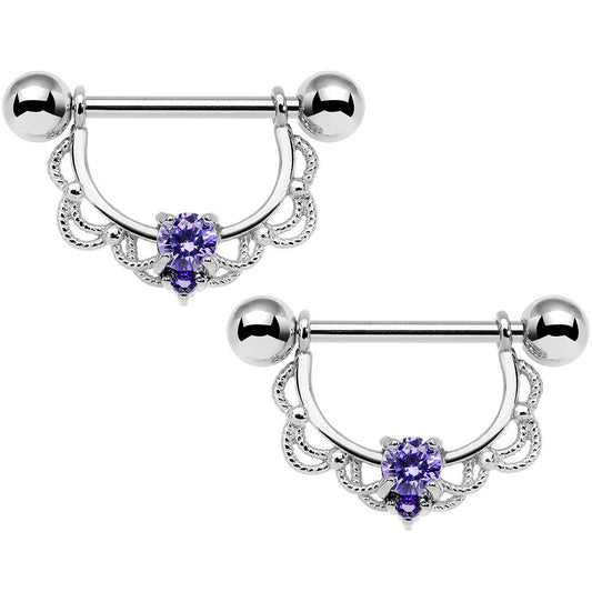 14G 5/8 Purple CZ Gem Steel Scalloped Dangle Nipple Ring Set