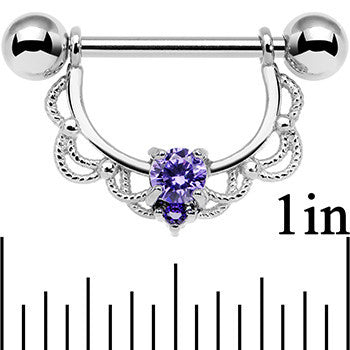 14G 5/8 Purple CZ Gem Steel Scalloped Dangle Nipple Ring Set