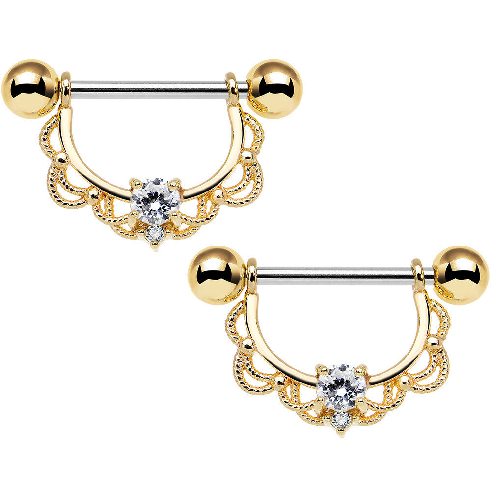 14G 5/8 Clear CZ Steel Gold Plated Scalloped Dangle Nipple Ring Set