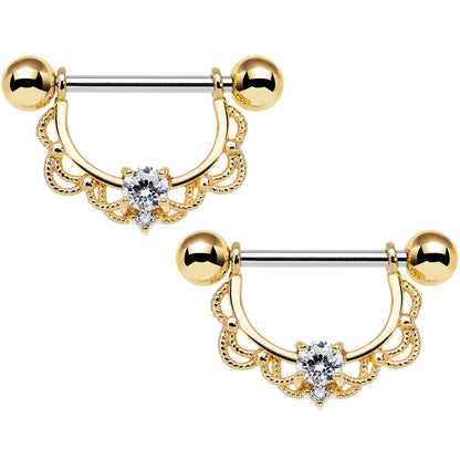 14G 5/8 Clear CZ Steel Gold Plated Scalloped Dangle Nipple Ring Set