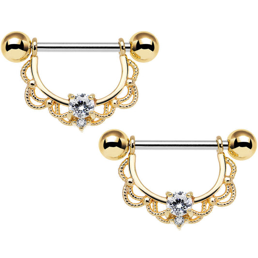 14G 5/8 Clear CZ Steel Gold Plated Scalloped Dangle Nipple Ring Set