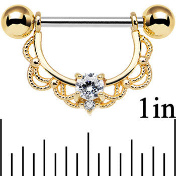 14G 5/8 Clear CZ Steel Gold Plated Scalloped Dangle Nipple Ring Set