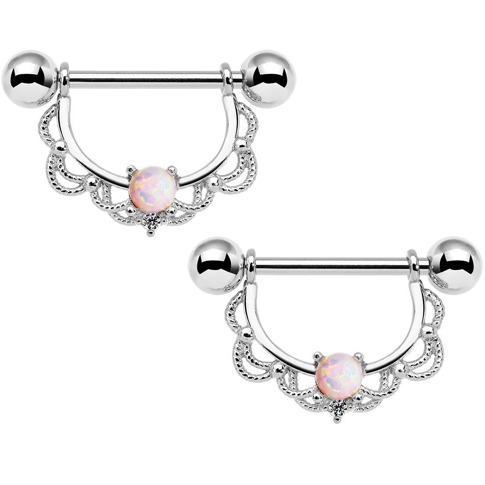 14G 5/8 White Synthetic Opal Steel Scalloped Nipple Ring Set