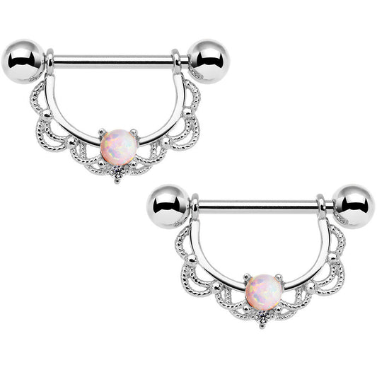 14G 5/8 White Synthetic Opal Steel Scalloped Nipple Ring Set