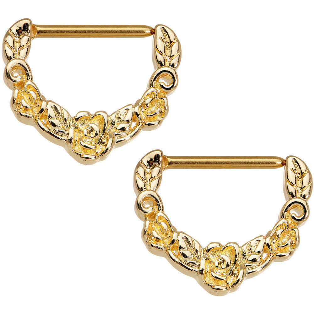 14G 9/16 Gold Anodized Floral Wreath Nipple Clicker Set