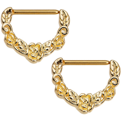 14G 9/16 Gold Anodized Floral Wreath Nipple Clicker Set