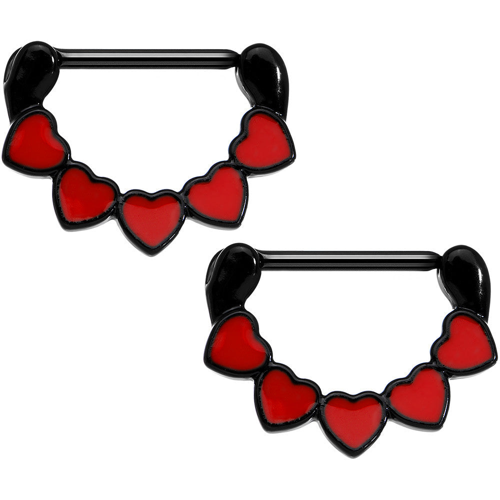 14G 9/16 Black Anodized Line Up Your Love Heart Nipple Clicker Set