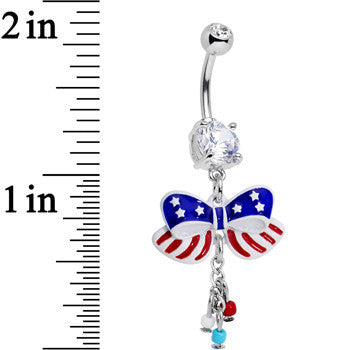 Clear Red Blue CZ Gem All American Flag Ribbon Dangle Belly Ring