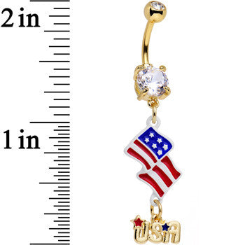 Clear CZ Gem Gold Anodized American Flag USA Dangle Belly Ring