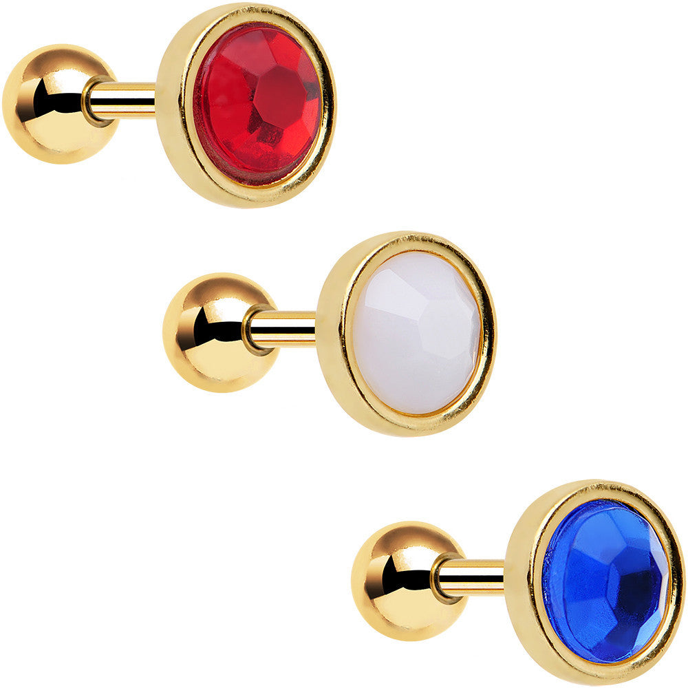 Gold Anodized Red White Blue Tragus Cartilage Earring Set of 3