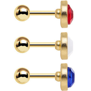 Gold Anodized Red White Blue Tragus Cartilage Earring Set of 3