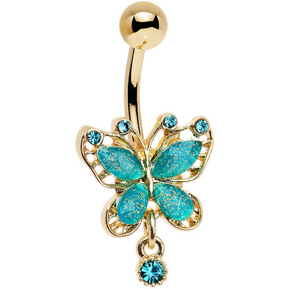Aqua Glitter Gem Gold Anodized Butterfly Drop Dangle Belly Ring