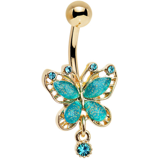 Aqua Glitter Gem Gold Anodized Butterfly Drop Dangle Belly Ring