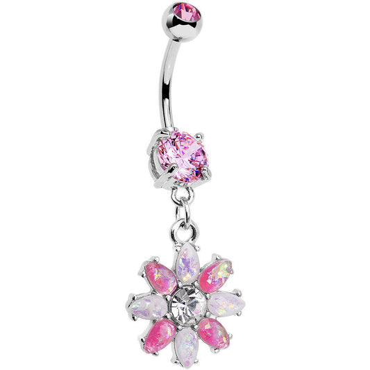 Pink and White Faux Opal Flower Power Dangle Belly Ring
