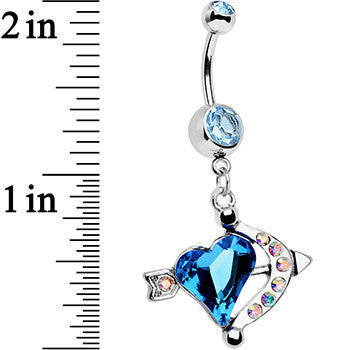 Aqua Aurora Gem Cupids Aim Arrow and Heart Dangle Belly Ring