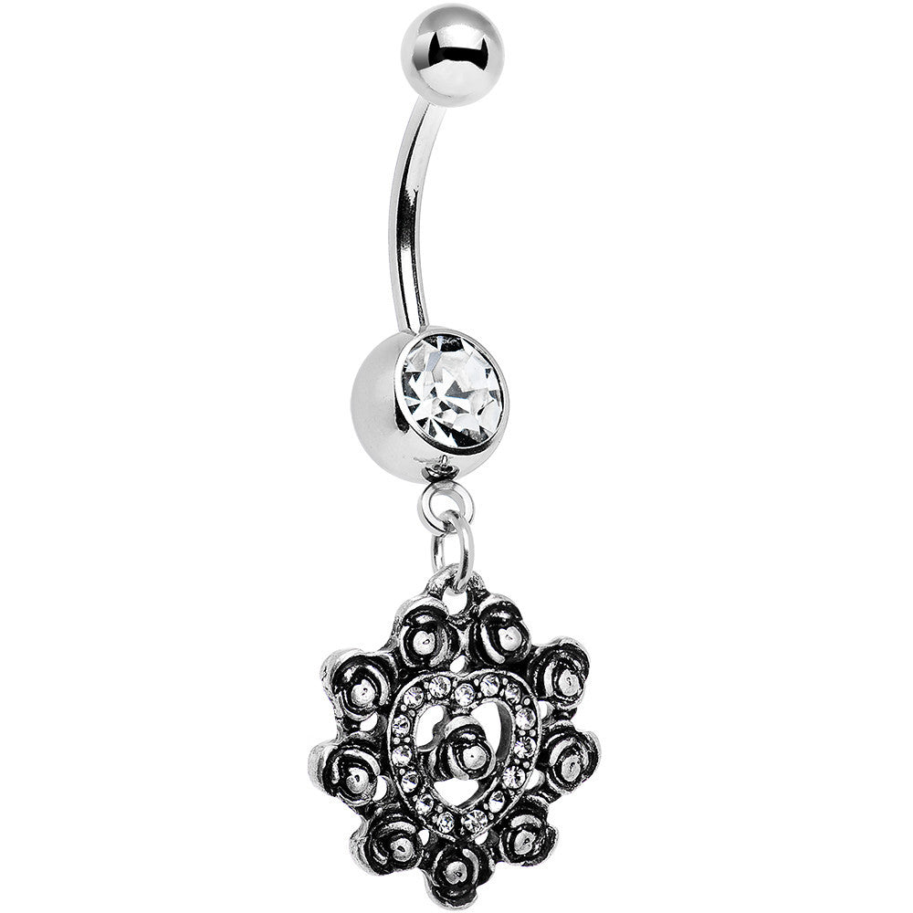 Clear Gem Rose Ring Flower Heart Dangle Belly Ring