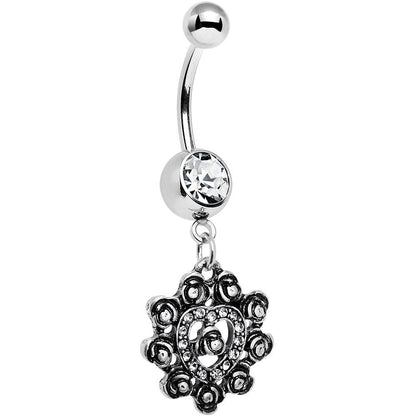 Clear Gem Rose Ring Flower Heart Dangle Belly Ring