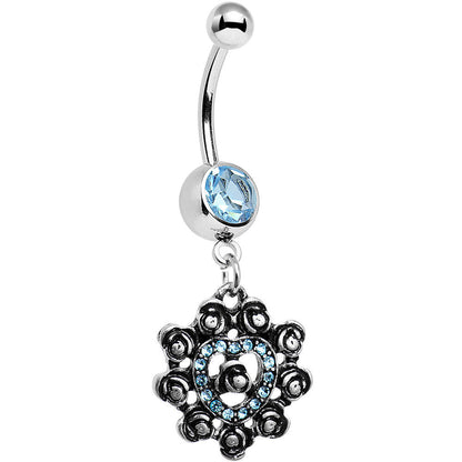 Aqua Gem Rose Ring Flower Heart Dangle Belly Ring
