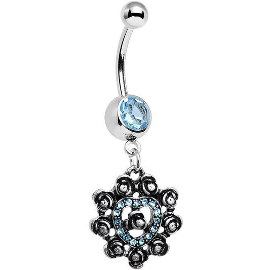 Aqua Gem Rose Ring Flower Heart Dangle Belly Ring